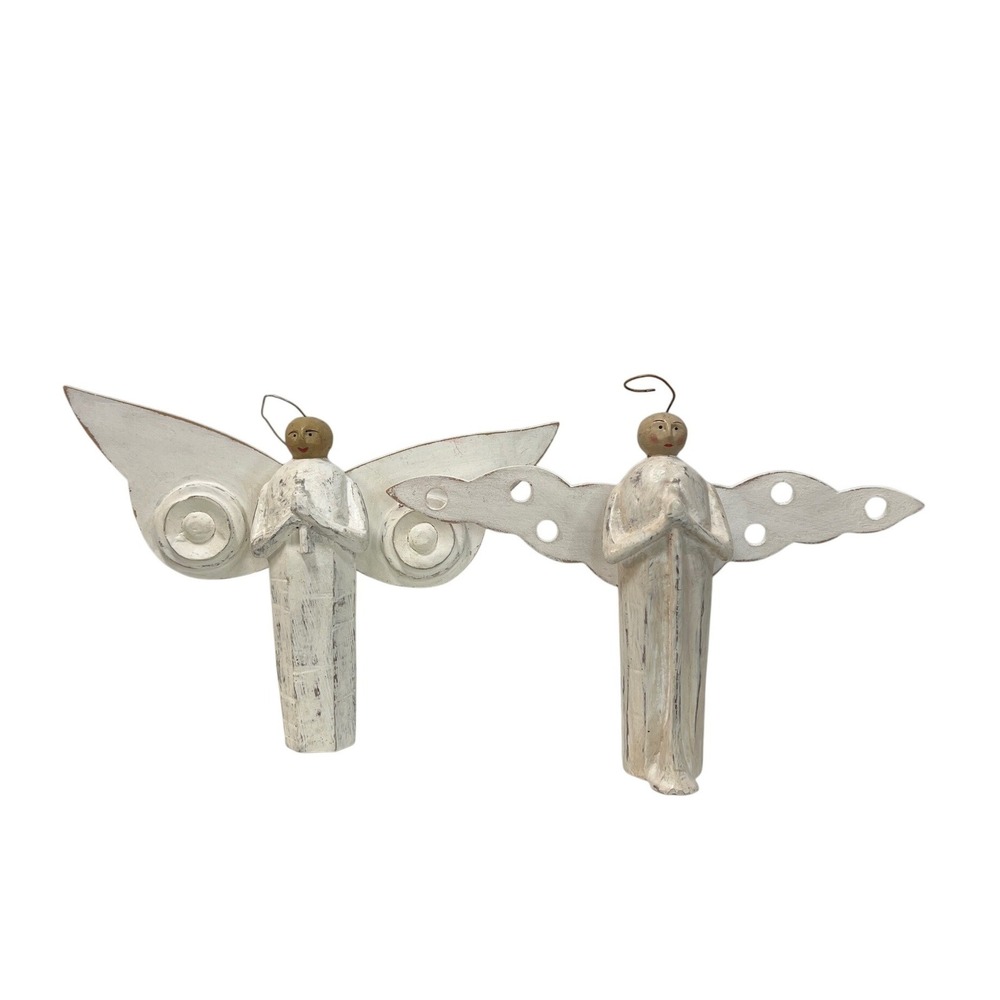 Wood White Angels Holiday Table‎ Home Decor Set of 2 Rustic Farmhouse Figurines